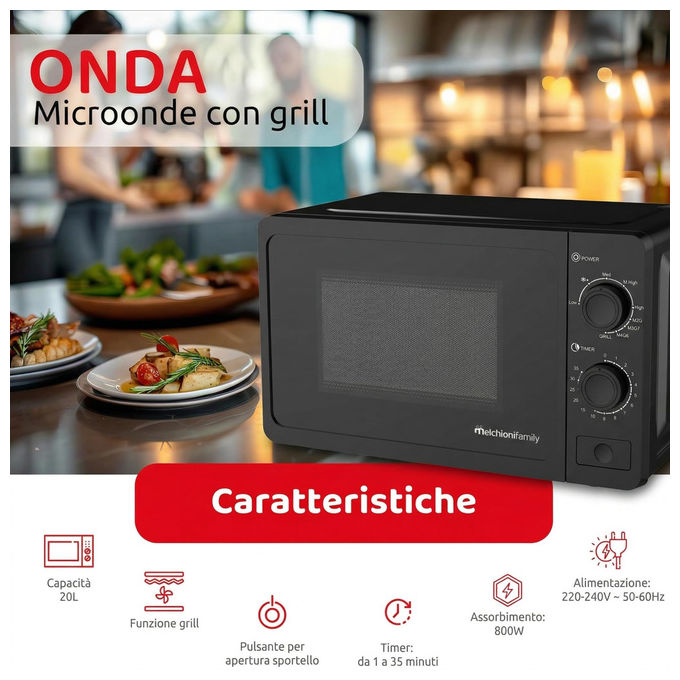 Melchioni 118380040 ONDA Forno a microonde con Grill 20 L 800W 9 livelli di potenza Timer 35 min colore Nero