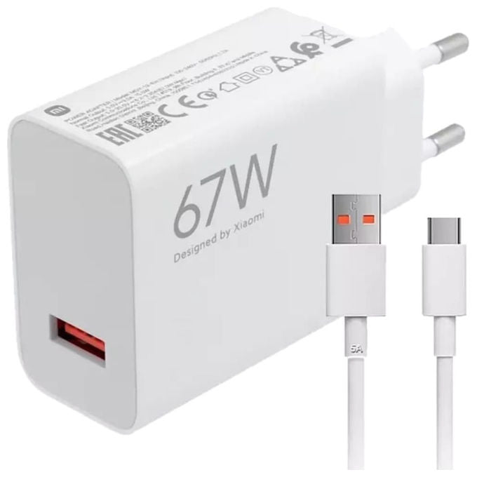 Xiaomi caricabatterie 67W HyperCharge Combo, porta USB-A e USB-C, con cavo USB-C incluso, ricarica rapida, BHR9465EU, Bianco