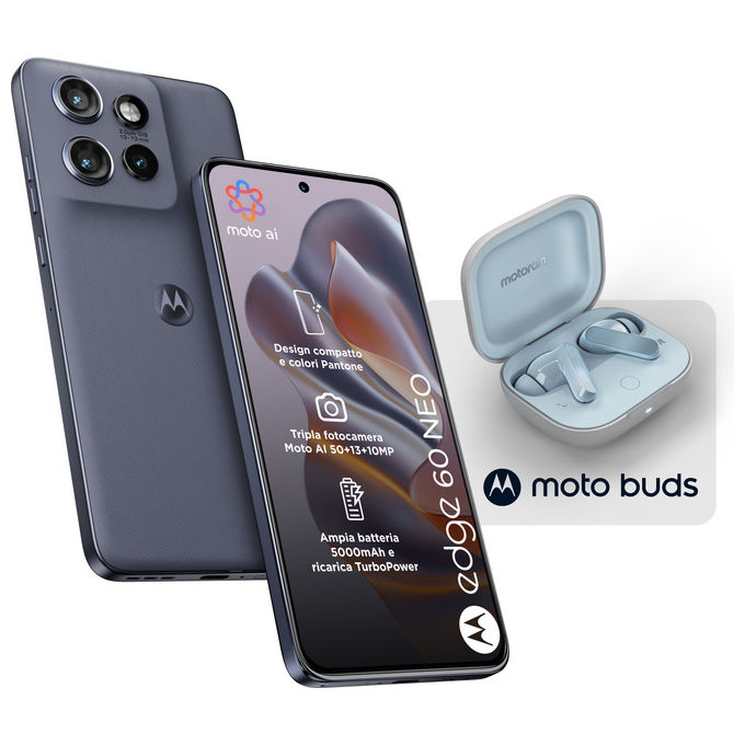 Motorola Edge 60 Neo, smartphone 5G, 8-256 GB, display P-OLED 6,36'', fotocamera 50 MP, Android 15, IP68, Grisaille, con Moto Buds