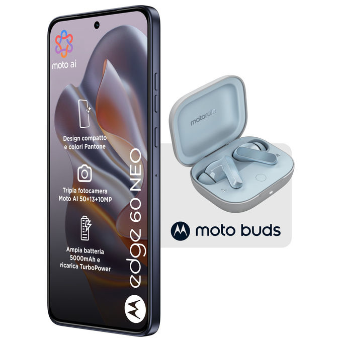 Motorola Edge 60 Neo, smartphone 5G, 8-256 GB, display P-OLED 6,36'', fotocamera 50 MP, Android 15, IP68, Grisaille, con Moto Buds