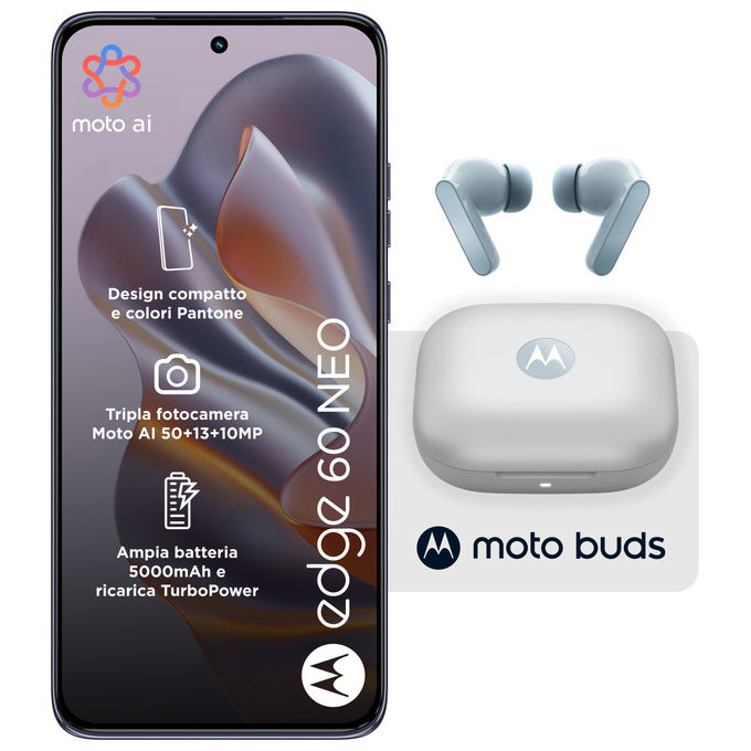 Motorola Edge 60 Neo, smartphone 5G, 8-256 GB, display P-OLED 6,36'', fotocamera 50 MP, Android 15, IP68, Grisaille, con Moto Buds