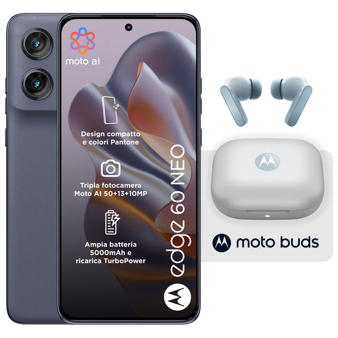 Motorola Edge 60 Neo, smartphone 5G, 8-256 GB, display P-OLED 6,36'', fotocamera 50 MP, Android 15, IP68, Grisaille, con Moto Buds