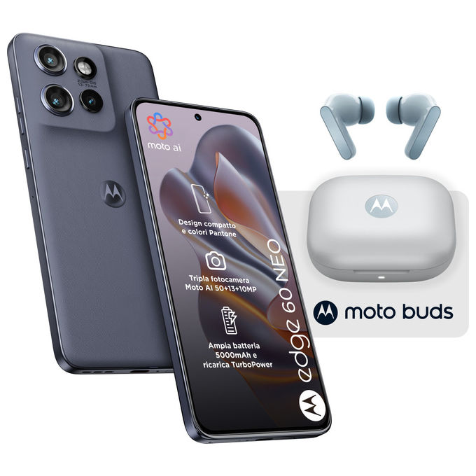 Motorola Edge 60 Neo, smartphone 5G, 8-256 GB, display P-OLED 6,36'', fotocamera 50 MP, Android 15, IP68, Grisaille, con Moto Buds
