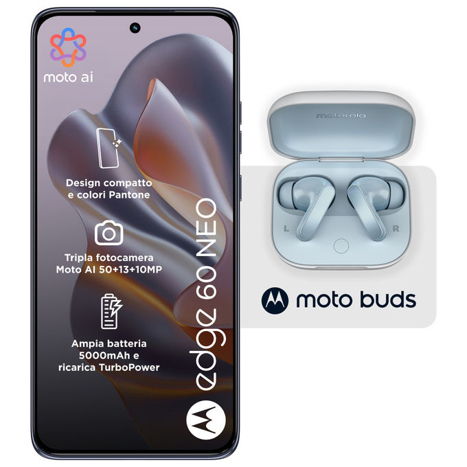 Motorola Edge 60 Neo, smartphone 5G, 8-256 GB, display P-OLED 6,36'', fotocamera 50 MP, Android 15, IP68, Grisaille, con Moto Buds