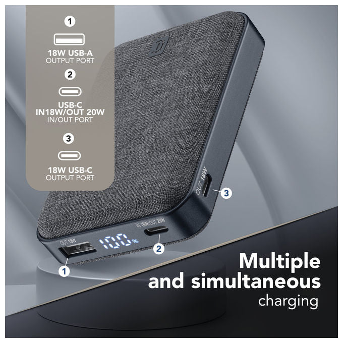 Cellularline power bank Glam 10000 mAh, ricarica rapida 20W, display LCD, 2 porte USB-C e 1 USB-A, finitura in tessuto, nero