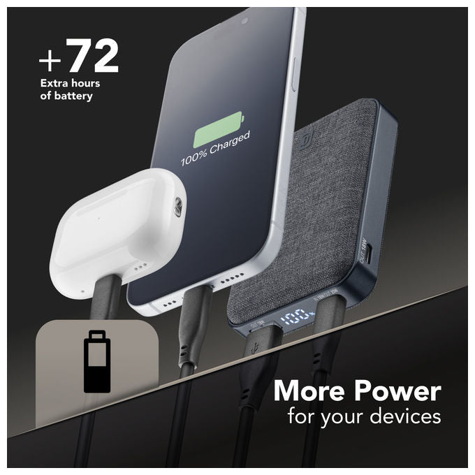 Cellularline power bank Glam 10000 mAh, ricarica rapida 20W, display LCD, 2 porte USB-C e 1 USB-A, finitura in tessuto, nero