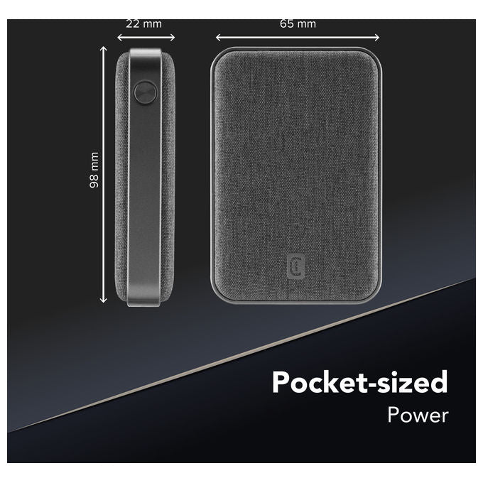 Cellularline power bank Glam 10000 mAh, ricarica rapida 20W, display LCD, 2 porte USB-C e 1 USB-A, finitura in tessuto, nero