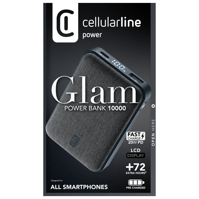Cellularline power bank Glam 10000 mAh, ricarica rapida 20W, display LCD, 2 porte USB-C e 1 USB-A, finitura in tessuto, nero