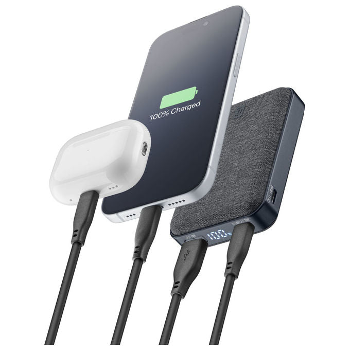 Cellularline power bank Glam 10000 mAh, ricarica rapida 20W, display LCD, 2 porte USB-C e 1 USB-A, finitura in tessuto, nero
