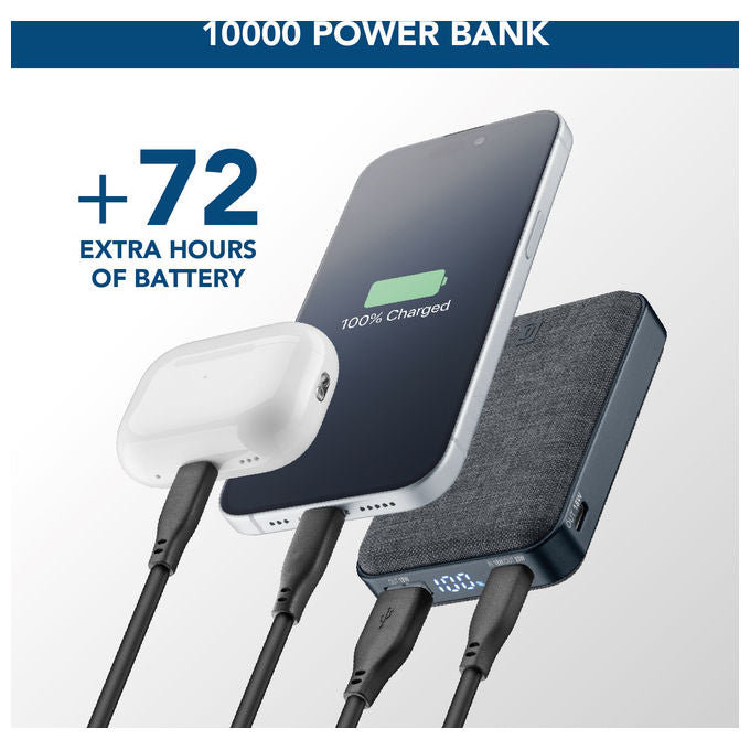 Cellularline power bank Glam 10000 mAh, ricarica rapida 20W, display LCD, 2 porte USB-C e 1 USB-A, finitura in tessuto, nero
