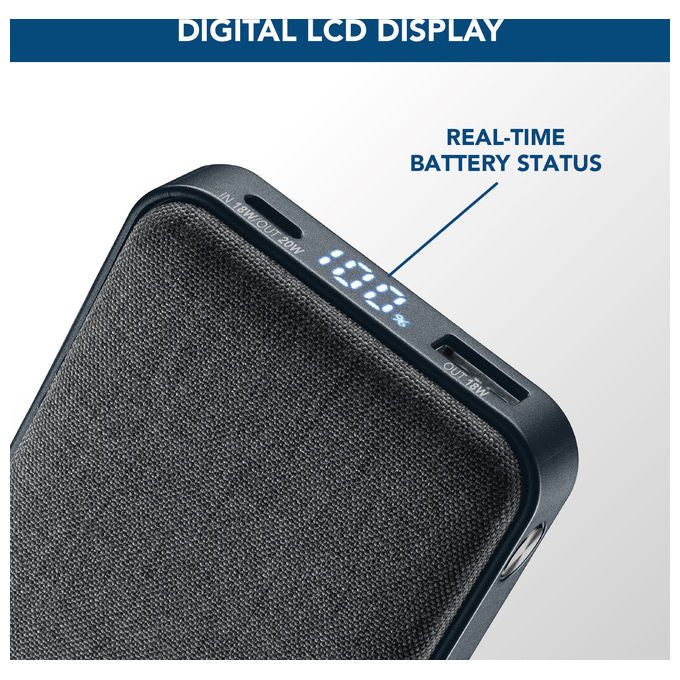 Cellularline power bank Glam 10000 mAh, ricarica rapida 20W, display LCD, 2 porte USB-C e 1 USB-A, finitura in tessuto, nero