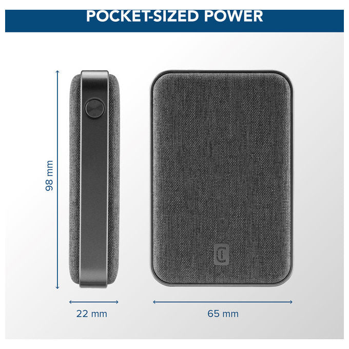Cellularline power bank Glam 10000 mAh, ricarica rapida 20W, display LCD, 2 porte USB-C e 1 USB-A, finitura in tessuto, nero