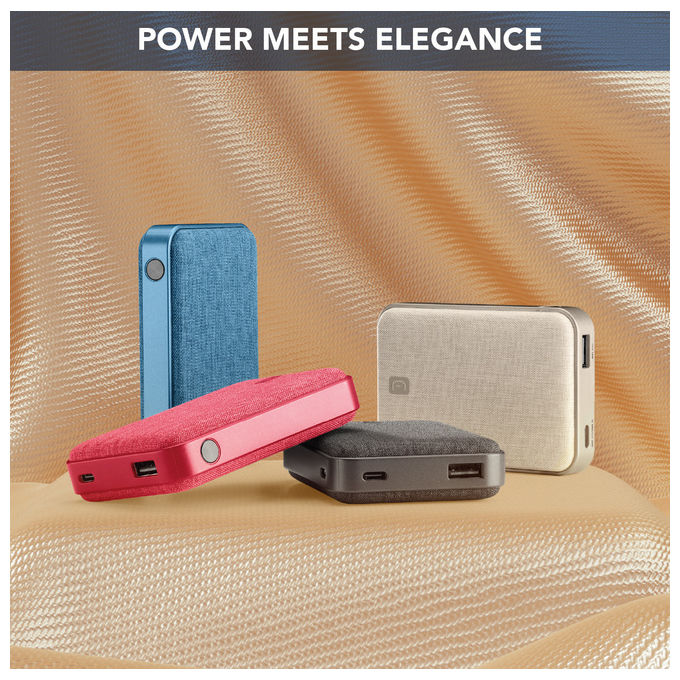 Cellularline power bank Glam 10000 mAh, ricarica rapida 20W, display LCD, 2 porte USB-C e 1 USB-A, finitura in tessuto, nero