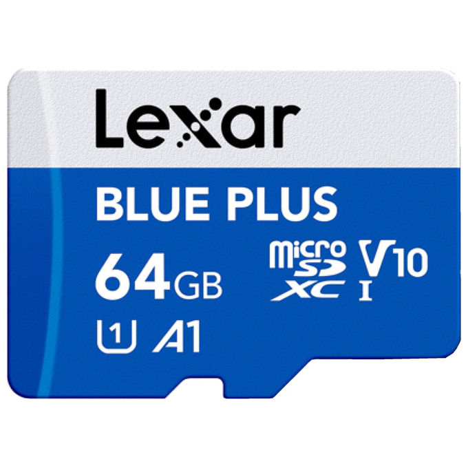 Lexar Blue Plus scheda di memoria microSD 64 GB, UHS-I, velocita' lettura 100 MB-s, classe A1, V10, U1, con adattatore SD