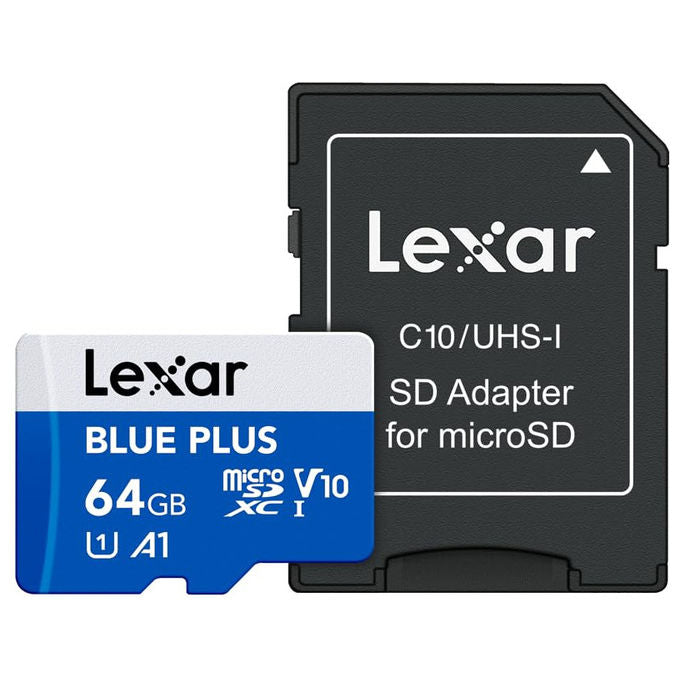 Lexar Blue Plus scheda di memoria microSD 64 GB, UHS-I, velocita' lettura 100 MB-s, classe A1, V10, U1, con adattatore SD