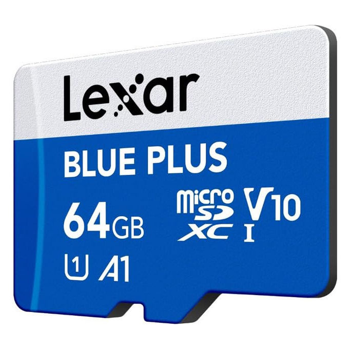 Lexar Blue Plus scheda di memoria microSD 64 GB, UHS-I, velocita' lettura 100 MB-s, classe A1, V10, U1, con adattatore SD