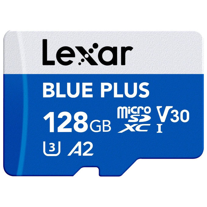 Lexar Blue Plus scheda microSDXC 128 GB, UHS-I, U3, V30, A2, velocita' lettura 170 MB-s, con adattatore SD
