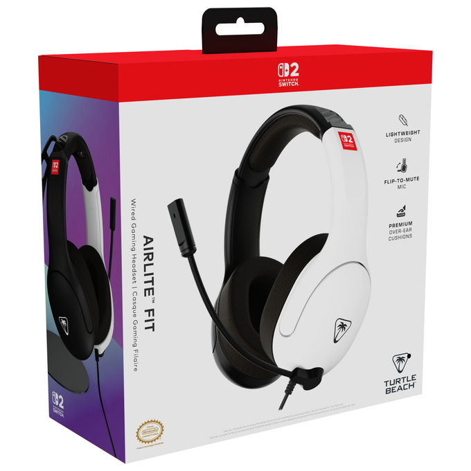Turtle Beach Airlite Fit, cuffie gaming cablate, Nintendo Switch 2 licenza ufficiale, microfono con mute, nero e bianco