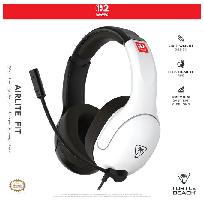 Turtle Beach Airlite Fit, cuffie gaming cablate, Nintendo Switch 2 licenza ufficiale, microfono con mute, nero e bianco