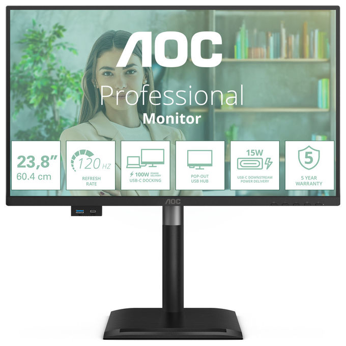 AOC 24P4CV monitor 23,8 pollici IPS Full HD 120Hz, USB-C 96W, hub USB 3.2, KVM, ethernet, regolazione altezza