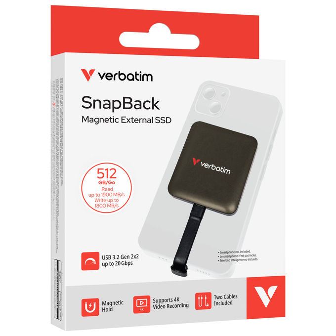 Verbatim SnapBack SSD esterno 512 GB, USB tipo-C, USB 3.2 Gen 2x2, 1900 MB-s lettura, 1800 MB-s scrittura, 20 Gbit-s, Nero