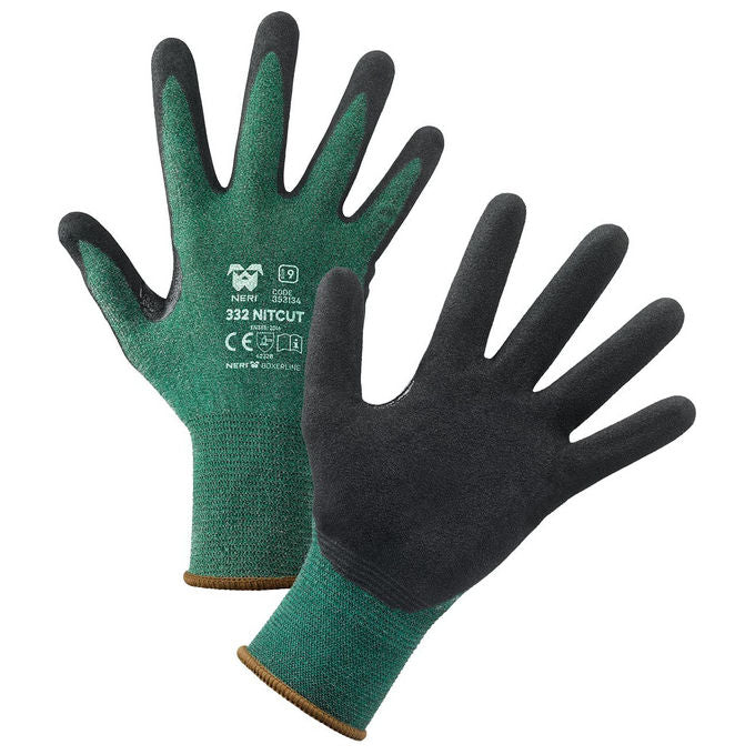 Neri 332 NITCUT Guanti Antitaglio HDPE Nitrile Microporoso Grip Asciutto e Umido Rinforzo Pollice Indice Taglia 10 colore Verde Nero
