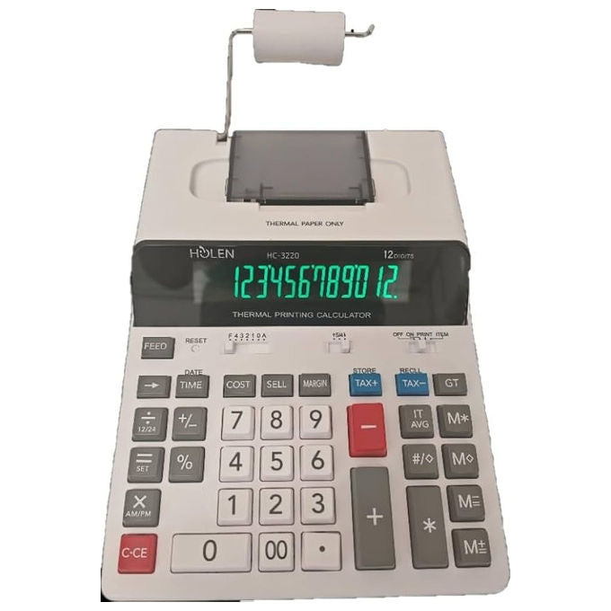 Iternet calcolatrice scrivente termica HC-3220, display LCD 12 cifre, stampa termica 57mm, funzioni TAX COST SELL MARGIN, alimentazione Type-C, Bianco