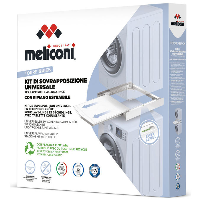 Meliconi Torre Quick kit di sovrapposizione universale, lavatrice e asciugatrice, ripiano estraibile, cinghia sicurezza, made in Italy, bianco
