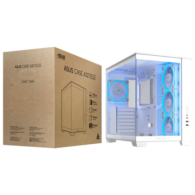 ASUS case mid-tower A32 Plus TG ARGB, vetro temperato, illuminazione ARGB, 4x ventole 120 mm, ATX, bianco