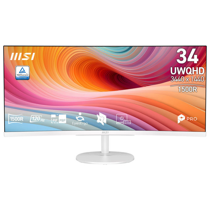 MSI monitor curvo 34 pollici, Pro MP341CQW E12, UltraWide Quad HD 3440x1440, VA 1500R, 120 Hz, altoparlanti integrati, bianco