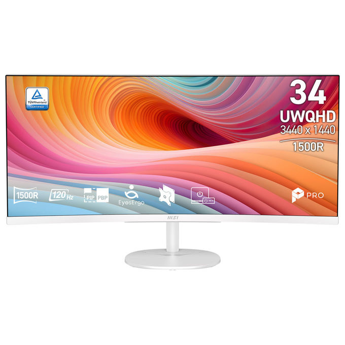 MSI monitor curvo 34 pollici, Pro MP341CQW E12, UltraWide Quad HD 3440x1440, VA 1500R, 120 Hz, altoparlanti integrati, bianco