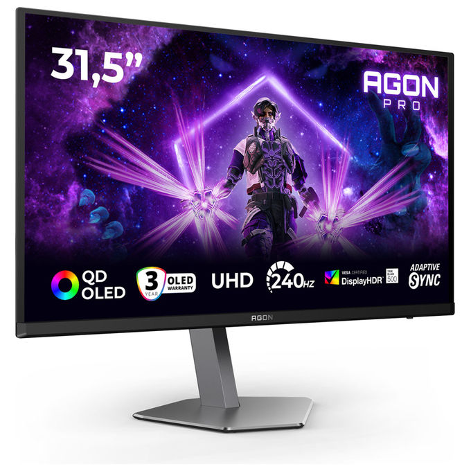 AOC monitor gaming 31,5 pollici QD-OLED 4K, 240 Hz, 0,03 ms, HDR True Black 500, HDMI 2.1, DisplayPort 2.1, AG326UZD2