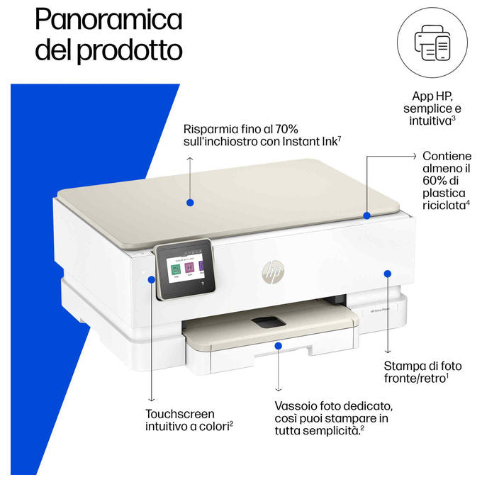 HP stampante multifunzione inkjet Envy Photo 7230, stampa copia scansione, Wi-Fi, fronte-retro, touchscreen, 15 ppm, beige