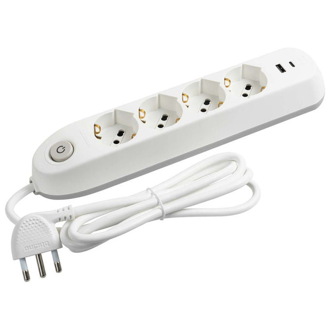 Bticino Poker multipresa 4 prese universali, 2 USB, interruttore di sicurezza, cavo 1,5 m, 16A, bianca