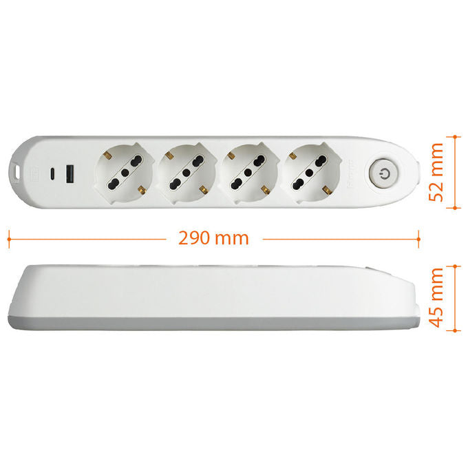 Bticino Poker multipresa 4 prese universali, 2 USB, interruttore di sicurezza, cavo 1,5 m, 16A, bianca