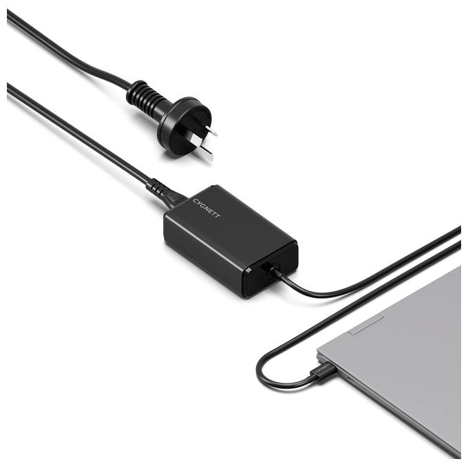 Cygnett caricabatterie USB-C GaN 65W, PowerMaxx, cavo integrato 1m, ricarica rapida, laptop smartphone tablet, nero