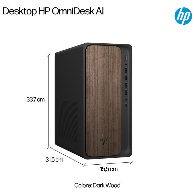 HP OmniDesk Desktop AI PC, Intel Core Ultra 5 225, 16 GB DDR5, SSD 512 GB NVMe, Windows 11 Home, Wi-Fi 6, Tower, dark wood