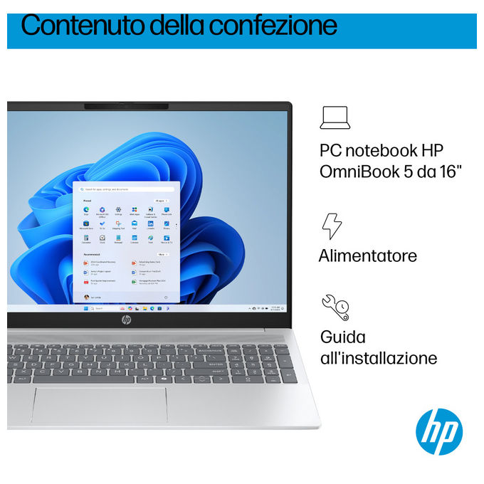 HP D8ZV2EA OmniBook 5 AI Notebook Intel Core Ultra 7 255U 16 pollici OLED 2K 16GB RAM 1TB SSD Argento