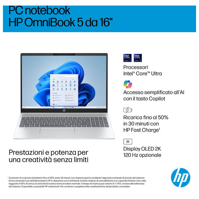 HP D8ZV3EA OmniBook 5 AI Notebook 16 pollici OLED 2K Intel Core Ultra 7 32GB RAM SSD 1TB Argento