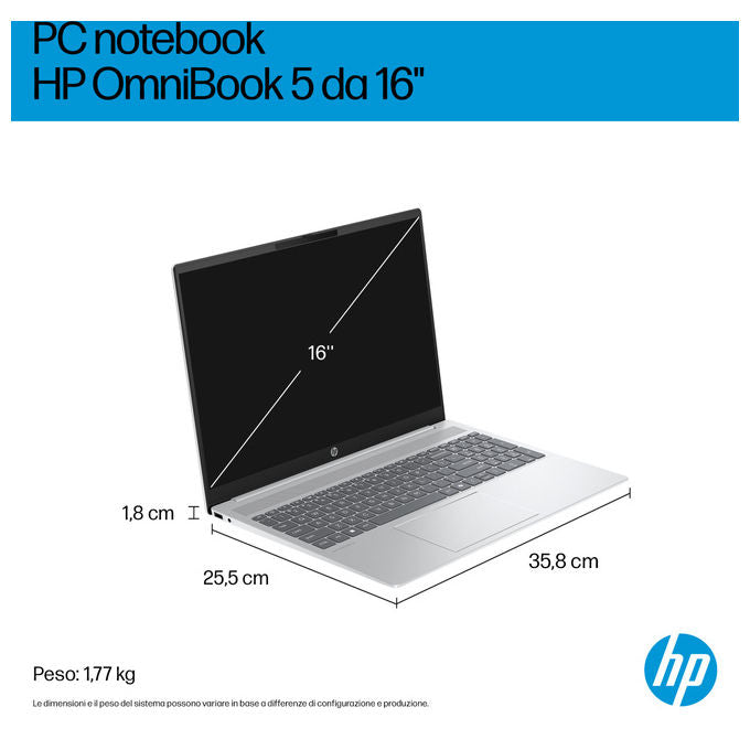 HP D8ZV3EA OmniBook 5 AI Notebook 16 pollici OLED 2K Intel Core Ultra 7 32GB RAM SSD 1TB Argento