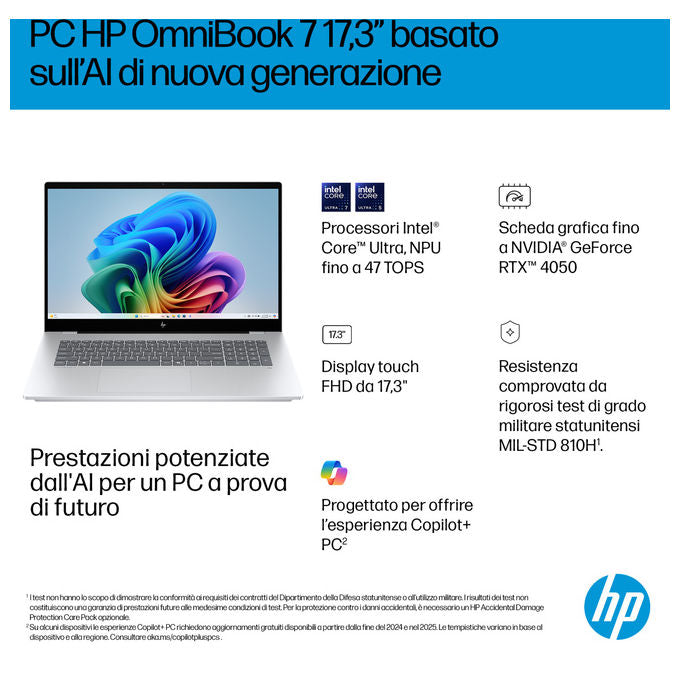 HP D8ZW1EA OmniBook 7 Notebook 17.3 pollici Intel Core Ultra 7 32 GB 1 TB SSD NVIDIA RTX 4050 Argento