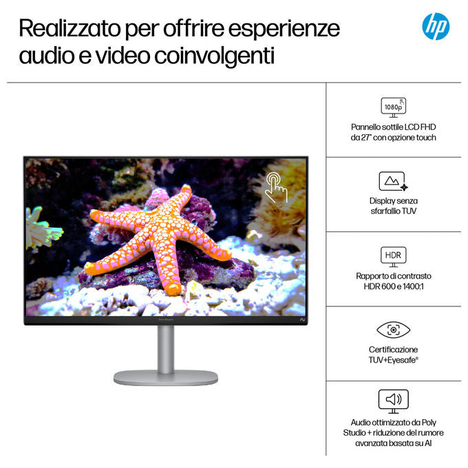 HP OmniStudio X, PC all-in-one 27 pollici touch, Intel Core Ultra 7, 16 GB RAM, 1 TB SSD, Full HD IPS, Windows 11 Home, argento