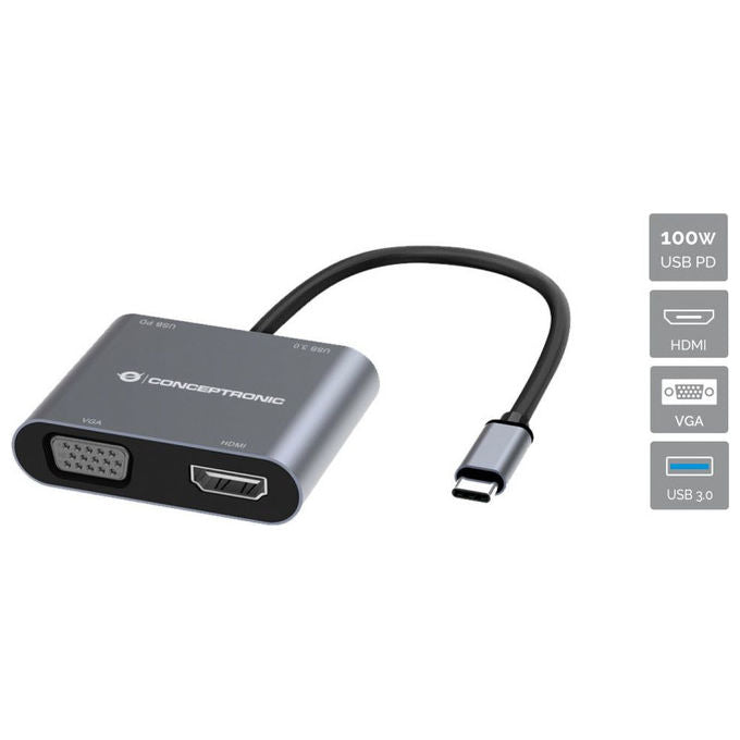 Conceptronic docking station 4 in 1 DONN16G, USB-C 3.2 Gen 1, HDMI 4K, VGA 1080p, USB-A 3.0, 100W Power Delivery, grigio