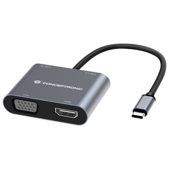 Conceptronic docking station 4 in 1 DONN16G, USB-C 3.2 Gen 1, HDMI 4K, VGA 1080p, USB-A 3.0, 100W Power Delivery, grigio