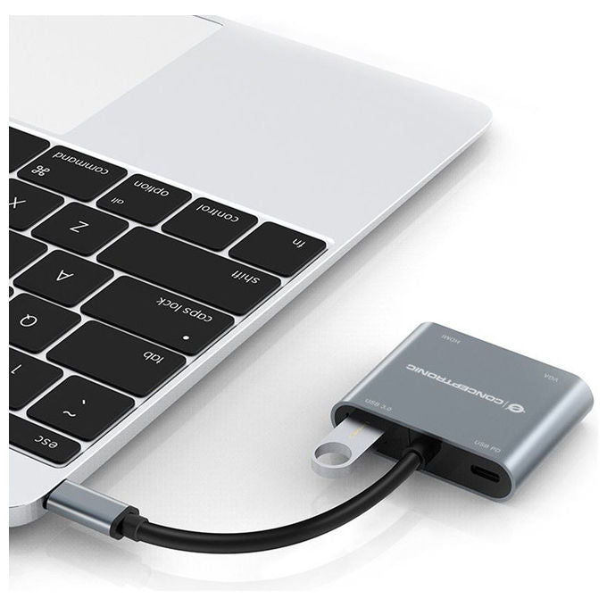 Conceptronic docking station 4 in 1 DONN16G, USB-C 3.2 Gen 1, HDMI 4K, VGA 1080p, USB-A 3.0, 100W Power Delivery, grigio