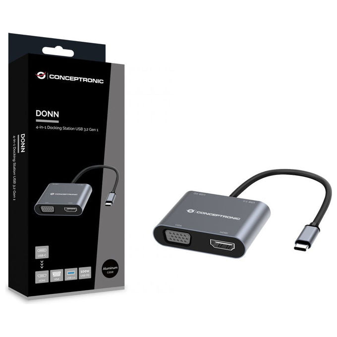Conceptronic docking station 4 in 1 DONN16G, USB-C 3.2 Gen 1, HDMI 4K, VGA 1080p, USB-A 3.0, 100W Power Delivery, grigio