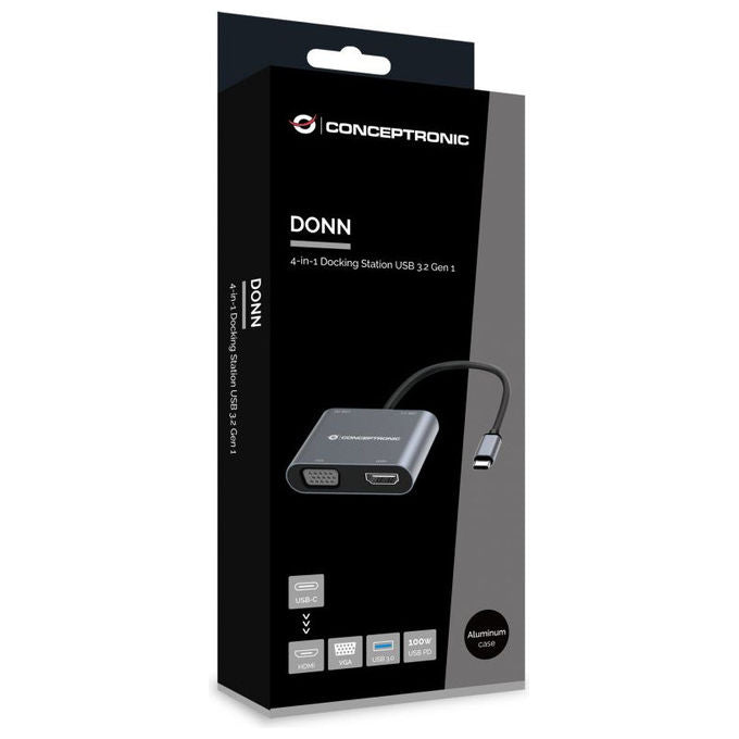 Conceptronic docking station 4 in 1 DONN16G, USB-C 3.2 Gen 1, HDMI 4K, VGA 1080p, USB-A 3.0, 100W Power Delivery, grigio
