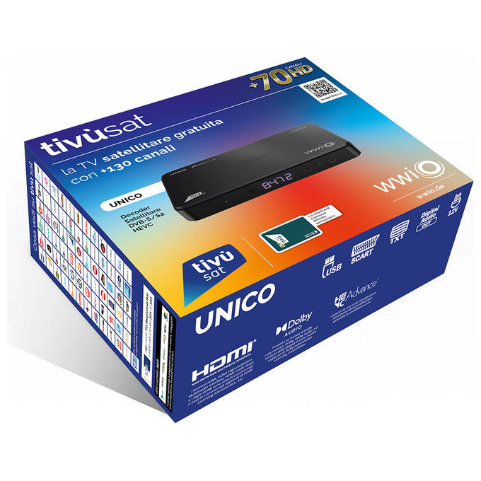 WWIO decoder satellitare Unico DVB-S2, Full HD 1080p, tivu'sat certificato, card HD inclusa, HEVC H.265, HDMI, USB, 12V, nero