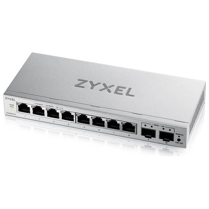 Zyxel switch gestito L2 GS1200-10V3, 8 porte Gigabit RJ-45, 2 slot SFP, desktop, senza ventole, VLAN, QoS