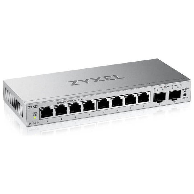 Zyxel switch gestito L2 GS1200-10V3, 8 porte Gigabit RJ-45, 2 slot SFP, desktop, senza ventole, VLAN, QoS